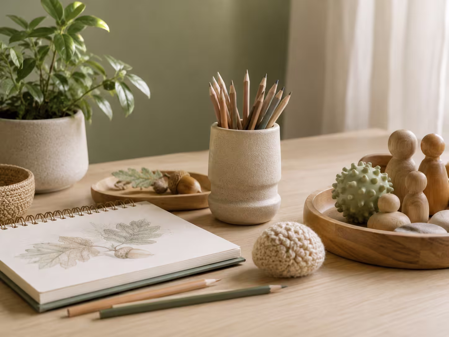 Creative counselling materials including drawing tools, paper and sensory resources
