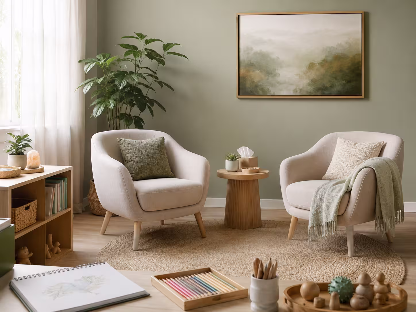 Calm and welcoming counselling room with comfortable chairs and creative resources